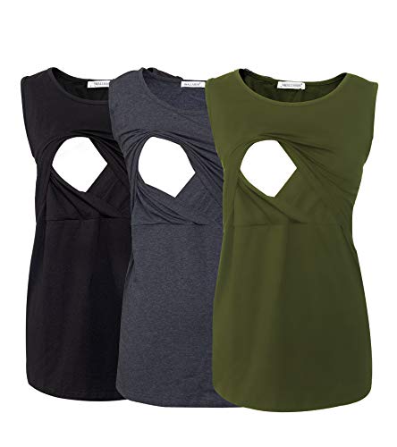 Smallshow Women's 3 Pack Maternity Nursing Tank Tops Small Black-Deep Grey-Army Green