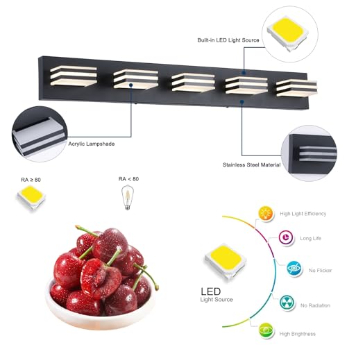 Image of LED Wall Black Vanity Lights for Bathroom Light Fixtures 30W Adjust 3 Colors Modern Bath Lighing Over Mirror Acrylic Heads LED Vanity Light (5-Light,34inch)