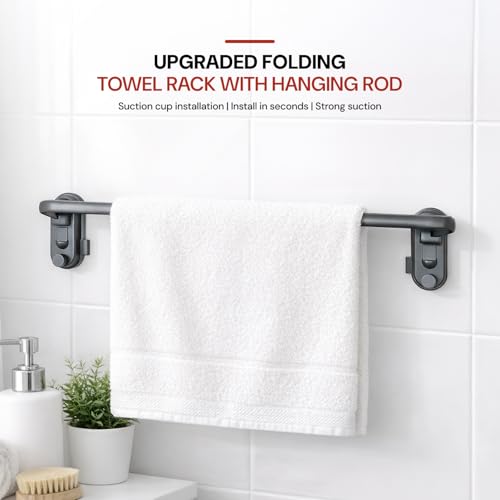 Image of MIORAH Suction Towel Holder for Bathroom - Rust - Free Powder Coated Wall Mounted Towel Rack No Drill Towel Rack Modern Bathroom Accessories Organizer Grey