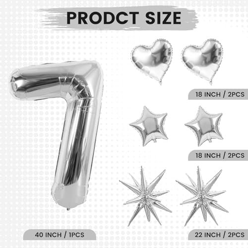 Image of TONIFUL 7th Birthday Balloons Kit 40Inch Silver Large Number 7 Foil Balloon | with 18Inch Helium Mylar Heart Star Balloons for Kids Women Men Birthday Anniversary Graduation New Year Eve Party Decoration
