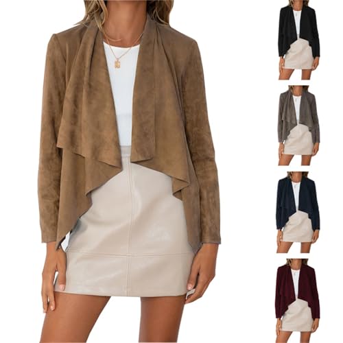 Womens Faux Suede Cropped Jacket Lightweight Cardigan Lapel Draped Loose Blazer Long Sleeve Open Front Outwear2