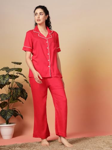 Image of Night Suit for Women's| Solid Night Dress| Half Sleeves Shirt and Pajama Set