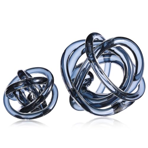 Tioncy 2 Pcs Decorative Ball Glass Knot Decor 3.9''/5.9'' Large Orbit Glass Ball for Shelf Accents Tabletop Centerpiece Abstract Decoration for Room Living Room Modern Art Sculpture(Teal)