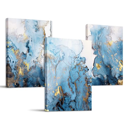SERIMINO Blue Abstract Canvas Wall Art for Living Room, Navy and Gold Fluid Marble Wall Decor for Bedroom, Bathroom, Office, Home Decor, Set of 3 Print Painting, 12"X16"
