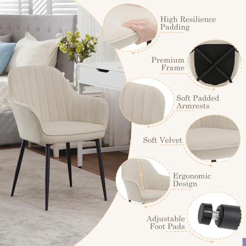 Klihome Dining Chair Set of 4, Wide Padded Velvet Chair with Back, Metal Legs, for Dining Room, Bedroom, Living Room, Dressing Table, Cream, K0016EZS-4-UK - Image 4