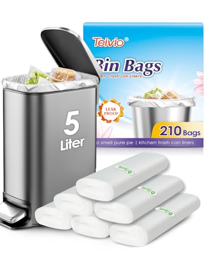 Teivio 5 Liter Small Bin Bags 210 Counts Pedal Bin Liners Thick Plastic Waste Bags for Bathroom Kitchen Office Fit 3-5L Rubbish Bin Clear