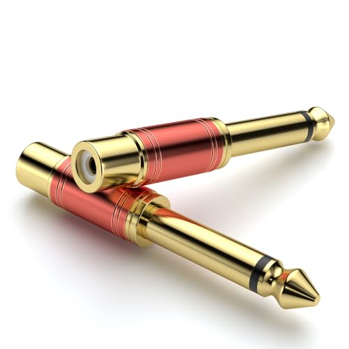 SOUNDFAM 2 STK Cinch auf 6,35mm Klinken Audio Adapter 6,35 mm (1/4 Zoll) Stecker auf RCA Cinch-Buchse Audioadapter (RCA Mono 6,35mm TS, 24K Vergoldet, Rot)