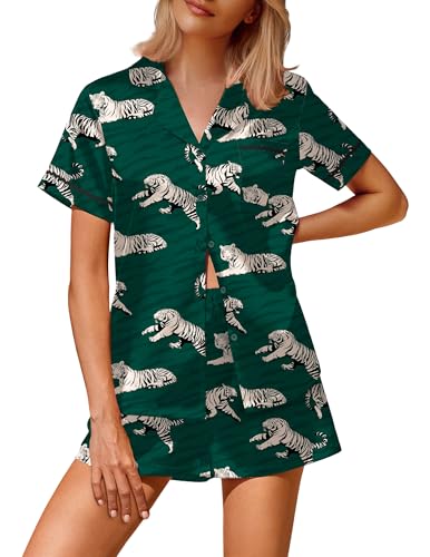 Image of Ekouaer Silk Satin Pajamas 2 Piece Pajamas for Women Set Button Down PJ Short Sleeve and Shorts Pjs Lounge Sets
