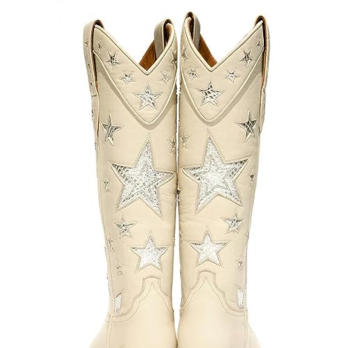 Image of YIYA Women's Star Cowboy Boots Black and White Cowgirl Boots with White Stars Pointed Toe Chunky Low Heel Pull-On Wide Calf Western Embroidered Boots