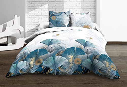 Le linge de Jules Parure Drap Plat + Drap-Housse 140x190 + 2 T - Pur Coton 57 Fils - Ginko Bleu