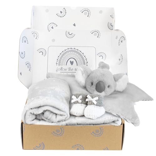 Baby Box Shop - 4 Baby Essentials for Newborn Unisex Ideal as Baby Shower Gifts & Christening Gifts Includes a Koala Baby Comforter Grey Fleece Baby Blanket and Grey & White Cotton Booties