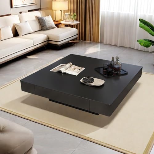 Image of WOODEN SPACE Eclipse Modern Center Table | Premium Square Coffee Table | HDHMR & Wood | Matte Black Finish | Storage Center Table for Living Room