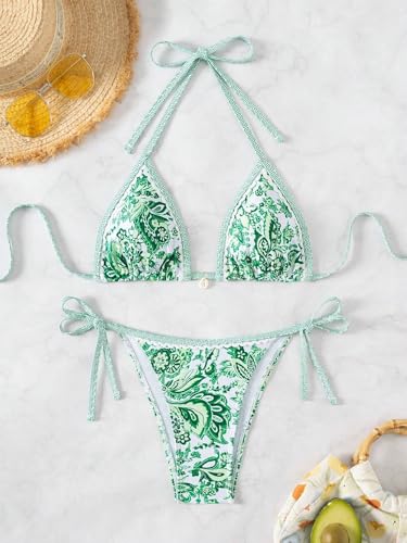 Image of BYFINECANY Women's Floral Printed Bathing Suit Halter Paisley Summer Swimsuit Bikinis Set