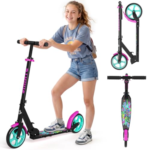 Image of SIMATE Kick Scooter for Kids Teens & Adults, 4 Adjustable Heights, 8IN All Terrain Big Wheels, Foldable and Lightweight, Gifts for Girls Boys