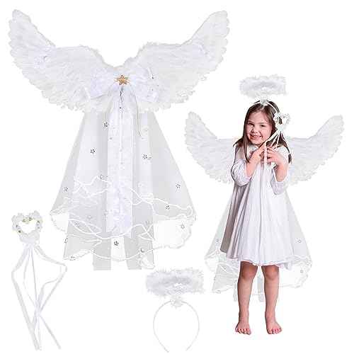 BETESSIN 5pcs Disfraz Vestido Alas Ángel Niñas de Plumas Blancas, Kit Alas Lazo Velo Diadema Varita de Princesa, Decoración Vestido de Princesa para Fiesta de Carnaval de Halloween, 80cm a 130cm