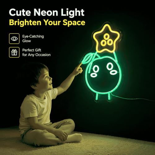 Image of Green Forest Spirit LED Neon Sign 15.7 inchx10 inch - Cute Star-Headed Character Wall Decor, USB Powered Night Light for Gamer Room, Bedroom, Farmhouse Aesthetic - Kawaii Harvest Helper Lamp