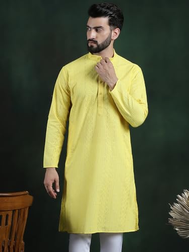 Image of SOJANYA (Since 1958 Men's Pure Cotton Checked Embroidered Long Kurta | Traditional for Diwali Celebrations