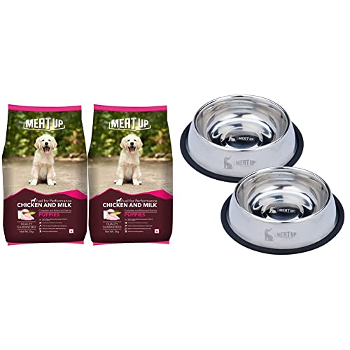 Image of Meat Up Chicken and Milk Puppy Dry Dog Food, 3Kg (Buy 1 Get 1 Free) Stainless Steel Dog Feeding Bowl 850 Ml (Buy 1 Get 1 Free)