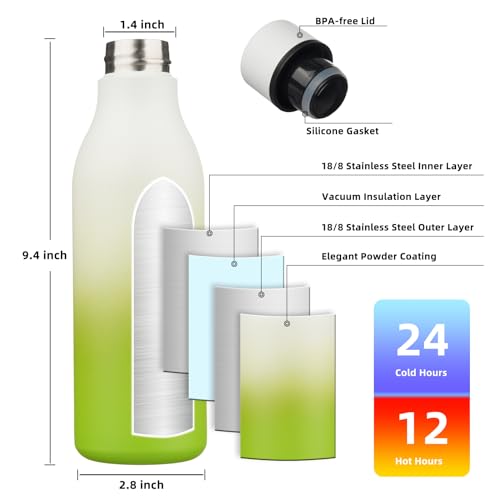 Image of BJPKPK Insulated Water Bottles, 18 oz Stainless Steel Metal Water Bottle with Strap, BPA Free Leak Proof Jugs, Mugs, Flasks, Reusable Thermal Flasks for Sports & Travel, Elegant Green