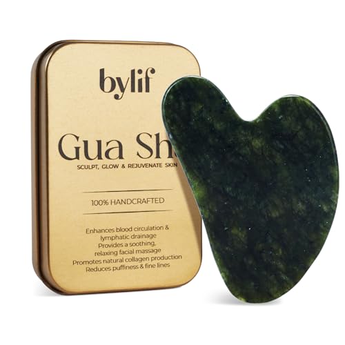 ByLif Gua Sha Facial Tools - Natural Jade Stone Guasha Tool for Face & Body Massage Stick for Jawline Sculpting Puffiness Reducing Skin Care Gift Anti-Aging Beauty Tool (Green Stone)