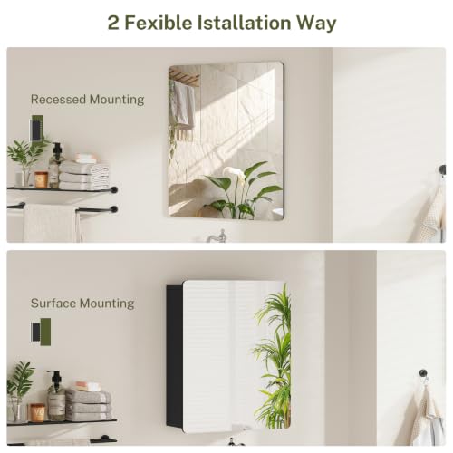 Image of TEENFON Medicine Cabinet Mirror with 2 Adjustable Shelves, Bathroom Mirror with Storage, Recessed or Wall Mount Bathroom Cabinet, Black