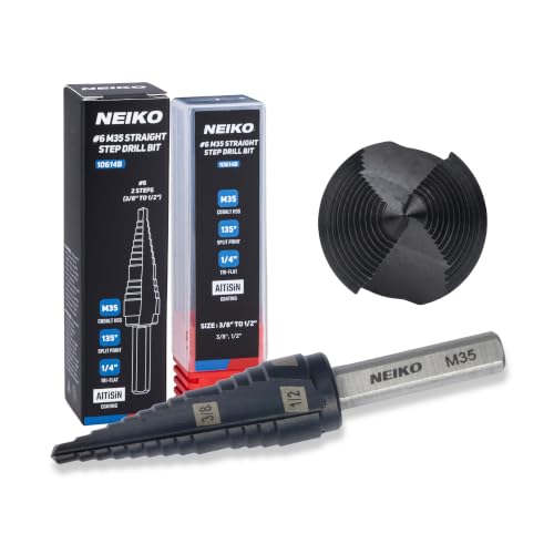 Image of NEIKO 10614B Step Drill Bit, 2 Steps 3 /8 inch to 1 /2 inch Straight M35 Cobalt, AlTiSiN Coated, 1 /4 inch Tri-Flat Step Bits for Steel, Metal, Wood, Plastic, Unibit Cone Drill Bits, Two Flute