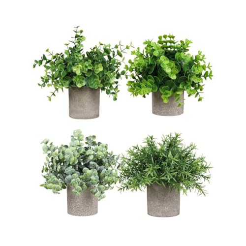 Airbirhom Set of 4 Small Potted Artificial Green Plants, Modern, Vibrant, Indoor, Home Decor
