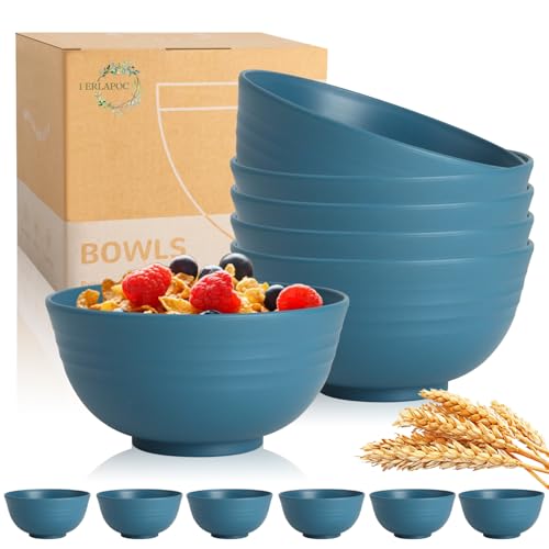 Image of 26 OZ Wheat Straw Bowls Set of 6, Reusable Plastic Kitchen Bowls, Unbreakable Bowls Set for Cereal, Salad, Snack, Soup, Ideal for Indoor & Outdoor, Microwave & Dishwasher Safe, Blue