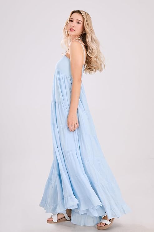 utcoco Women's Spaghetti Straps Maxi Dresses Back Smocked Sleeveless Tiered Swing Flowy Boho Long Sundress - Image 3
