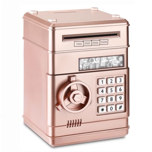 Setibre Piggy Bank, Electronic Password Cash Coin Can Auto Scroll Paper Money Saving Box Toy Gift for Kids (Rose Gold)