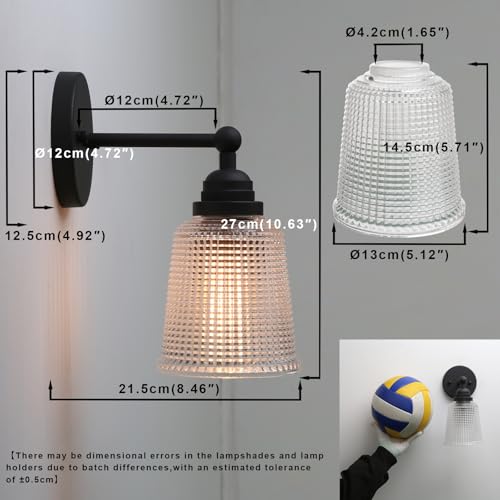 Image of 1-Light Indoor Glass Wall Sconce with Clear Ripple Shade, Vanity Hardwired Wall Mounted Vintage Industrial Fixture Lights for Bathroom Bedroom Kitchen Living Room(Black)