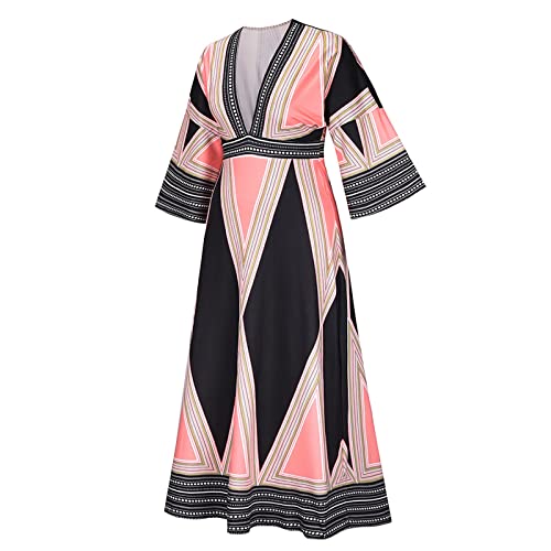 Summer Dress for Women Beach Casual Short Sleeve Midi Sundresses Trendy Indian Striped Print V Neck Loose Dresses