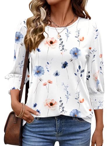 IECCP Damen Bluse 3/4 Ärm Langerm Runder Ausschnitt Tunika Sommer Tops Sommerbluse Shirt Elegant Lässig Oberteil 2025 (Weiß Blumen,L)