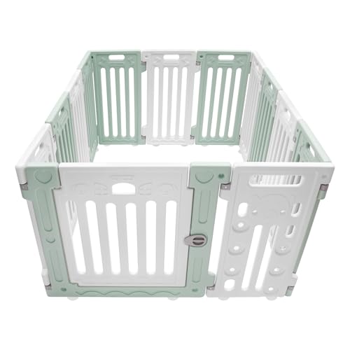 CNCEST Dog Playpen with Door,25.6in H Puppy Safety Fence Non-Slip and Secure Pet Gate,11 Panel Strong Plastic (Green)
