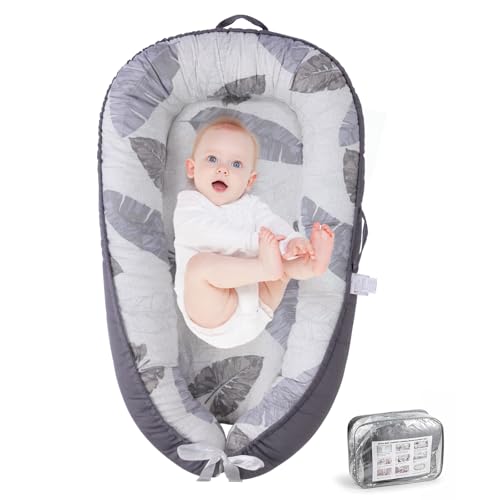 Image of Baby Lounger, hovikoki Baby Lounger for Newborn, Infant Lounger with Baby Lounger Cover, Baby Nest Lounger for 0-24 Months, 100% Cotton Soft Breathable Baby Floor Seat for Home & Travel - Dark Grey
