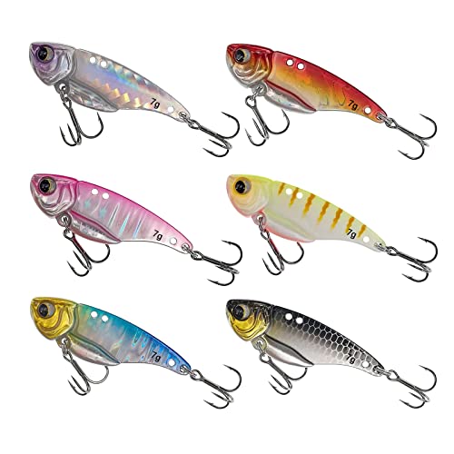 Feilingdi メタルバイブレーション ルアー メタルバイブ 7g 10g 15g 6個セット 淡水の川と湖 堤防 海釣り遠投 ブラックバス シーバス タチウオ サーモン マゴチ ヒラメ メバル 青物 (7g/4.4cm 6個セット) 1枚目