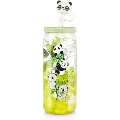 BEWAVE Drinking Glass with Straws, Silicone Lids and Straw Cover Cap, 16oz Can Shaped Glasses Cups, Iced Coffee Glasses, Beer Tumbler, for Whiskey, Soda, Tea, Juice, Gift, Panda, 1 Pack Cover
