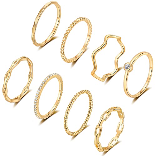 Funeia 8Pcs 14K Gold Plated Stacking Rings For Women Simple Dainty Silver Stackable Knuckle Thumb Rings Set Cubic Zirconia Thin Plain Band Wedding Promise Eternity Statement Rings Size 4-12 #TOP4