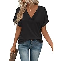 Cuptacc Camisetas Manga Corta Mujer Cuello en Pico Blusas de Mujer Elegantes Casual Suelta T-Shirt Negro, XXXL