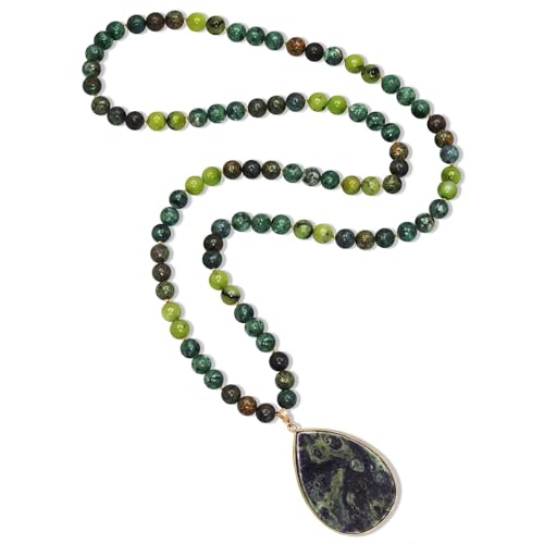 Long Pendant Necklaces for Women/Men Trendy, 8MM Womens Beaded Jasper Necklaces,32 Inch Green Stone Bead BOHO Necklace Jewelry,Chunky Statement Necklace,Handmade Fashion Jewelry Gifts