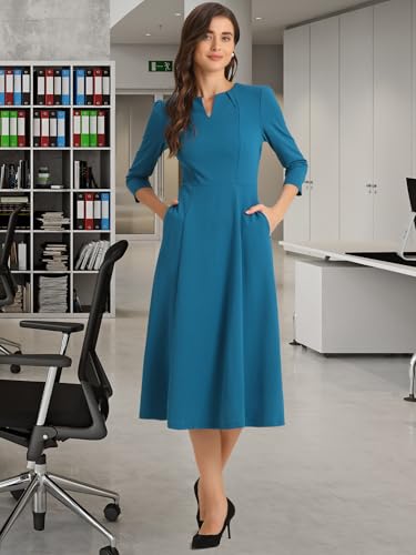 Image of Allegra K Womens 3 /4 Sleeve A-Line Business Work Formal Midi Dress | Elegant Dresses with Pockets, V Neck, Cockatail Party Church Funeral Outfits, Spring Fall Winter