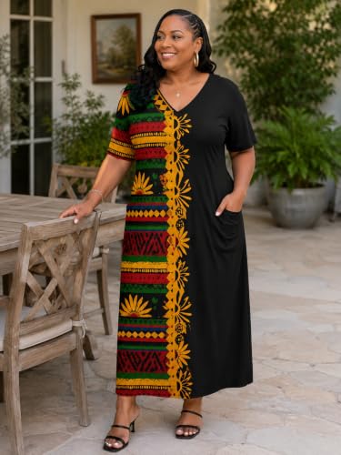 Image of Plus Size Maxi Dress for Women Short Sleeve V Neck Casual Loose Sundress with Pockets