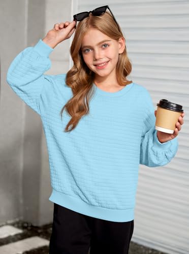 Girls Winter Oversized Waffle Knit Crewneck Sweatshirt, Puff Long Sleeve Drop Shoulder Elastic Cuffs Pullover, Ages 6-144