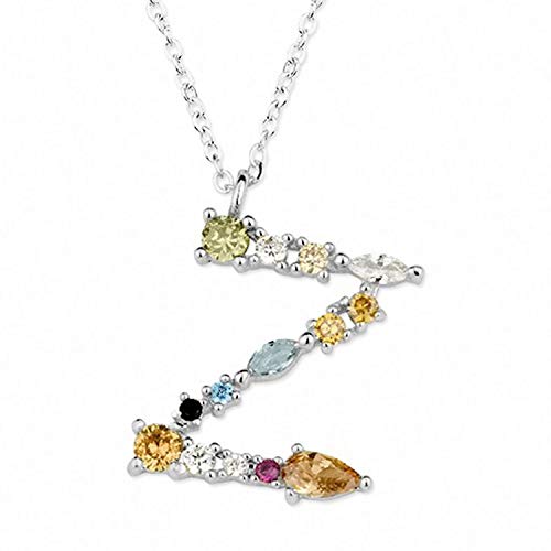 Collar Colgante Inicial Letra Z Plata de Ley 925M Circonitas Colores Joya Mujer Cadena Ajustable 40+5 Cm