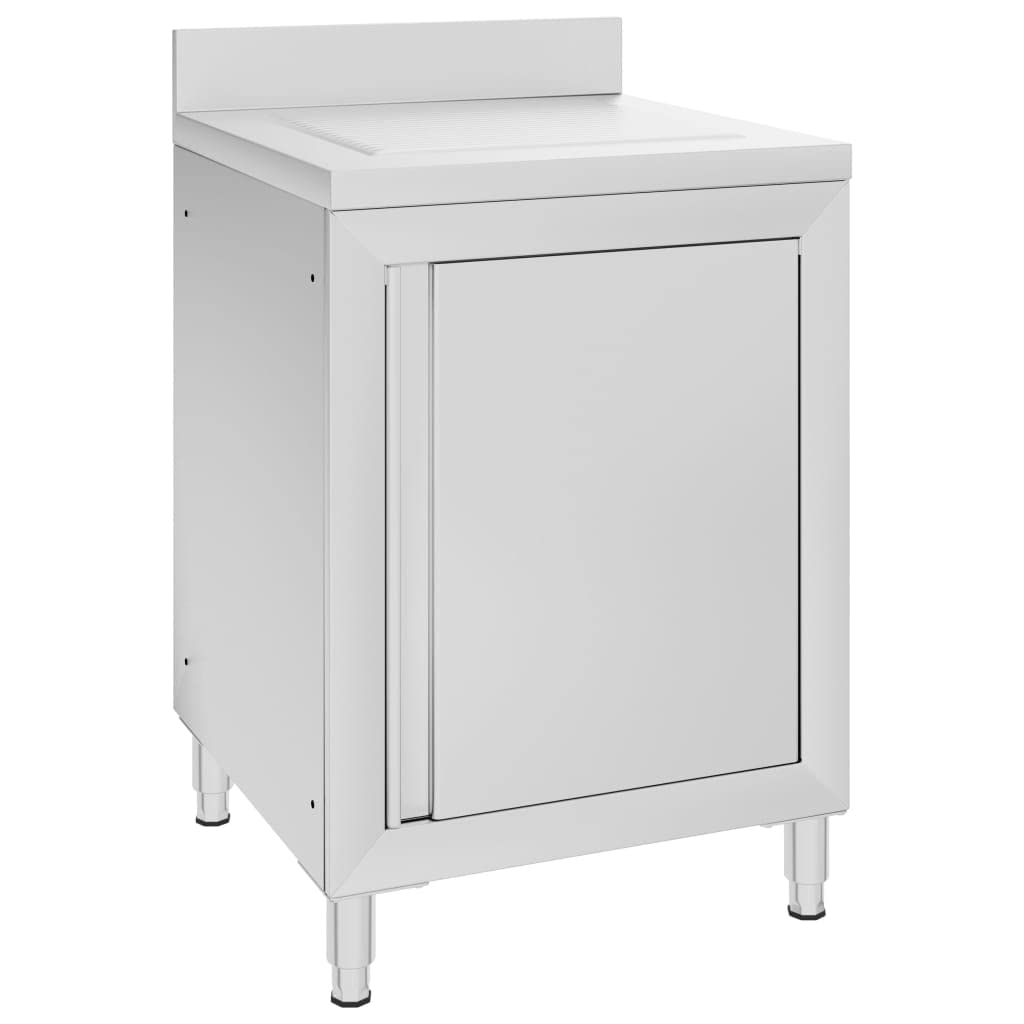 Mueble de cocina de acero inoxidable con escurridor, 60 x 60 x 95 a 96 cm, patas ajustables, borde de 10 cm, espacio de almacenamiento para gastronomía, restaurante, cocina, catering, hotel