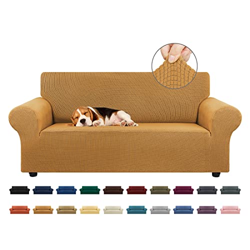 KEKUOU Stretch Loveseat Sofa Cover Slipcover,Couch Covers for 2 Cushion Couch Sofa (55"-78") Furniture Protector Sofa with Elastic Bottom for Kids,Dog. Jacquard Small Checked (Medium,Golden)