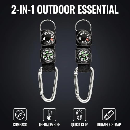 Set de 2 llaveros con mosquetón negro, brújula y termómetro, metal para camping y actividades al aire libre miniatura 4