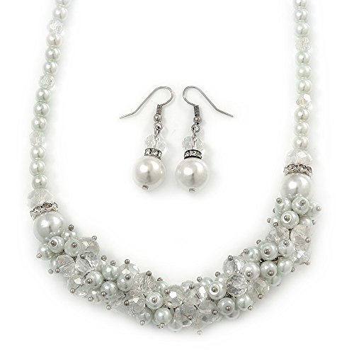 Collar de perlas blancas de imitación y pendientes de gota con cristales transparentes Avalaya