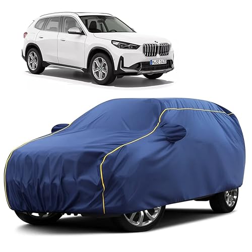 Image of Sulfar 100% Water Resistant Car Body Cover Compatible with Mirror for BMW X1 (Triple Stitched, Full Bottom Elastic, Blue Taffeta with Yellow Piping)
