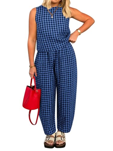 Image of Womens 2 Piece Lounge Sets Cotton Plaid Crop Top High Waisted Baggy Ankle Barrel Pants Gingham Matching Set